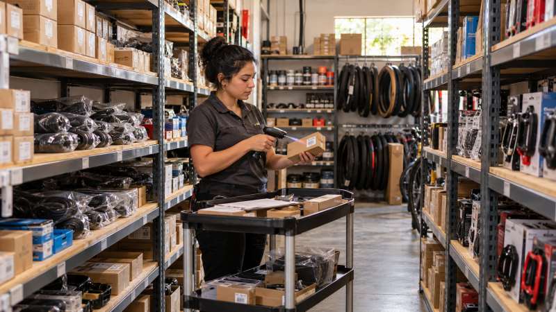 Funcionária conferindo peças e produtos no estoque de uma bicicletaria.