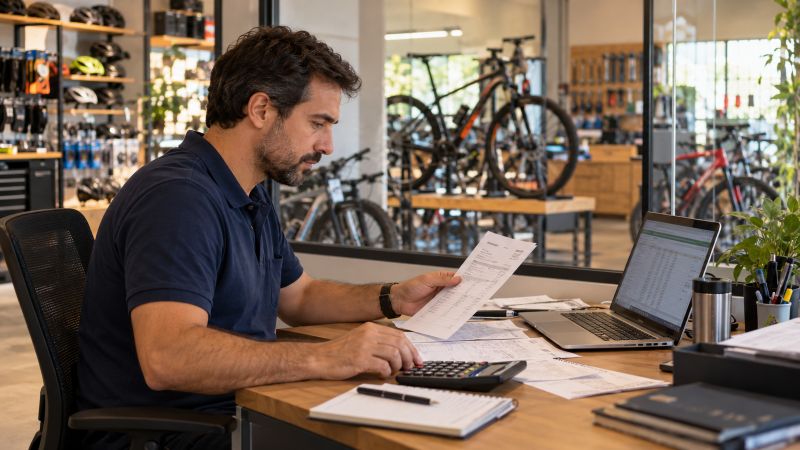 Lojista analisando documentos, planilhas e custos na gestão financeira de uma bicicletaria.