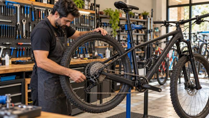 Mecânico ajustando o câmbio traseiro de uma mountain bike em uma oficina de bicicletas.