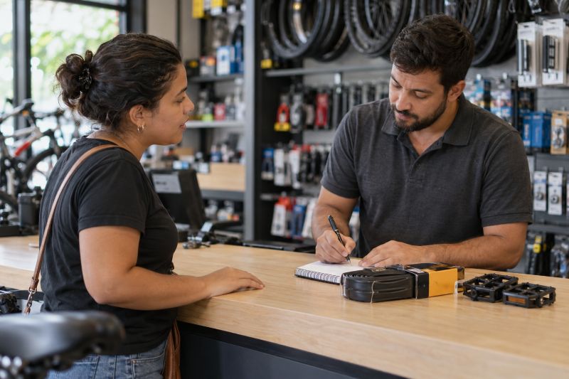 Atendente orientando um cliente sobre opções dentro de uma bicicletaria.