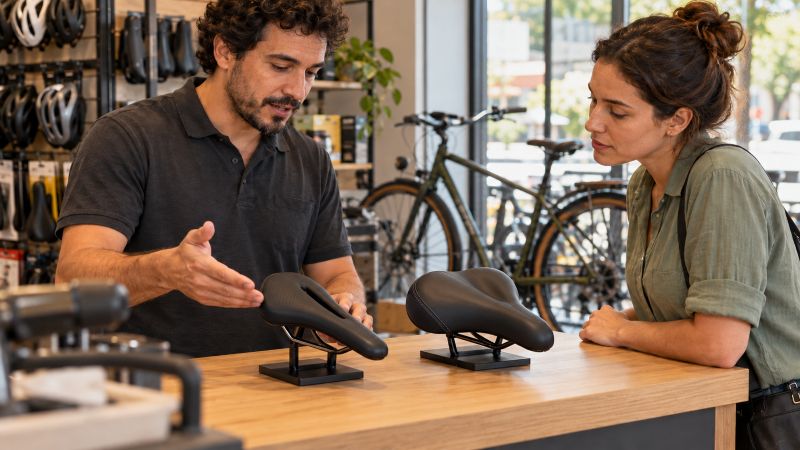 Atendente apresentando diferentes modelos de selim a uma cliente dentro de uma bicicletaria.
