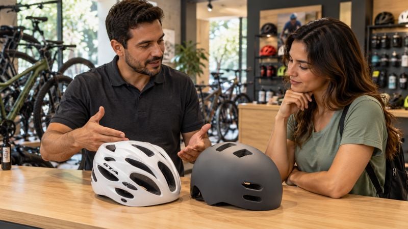 Atendente apresentando dois modelos de capacete para uma cliente comparar em uma bicicletaria.