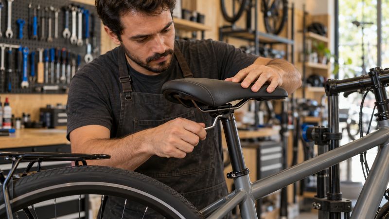 Mecânico ajustando a posição do selim de uma bicicleta em uma oficina especializada.