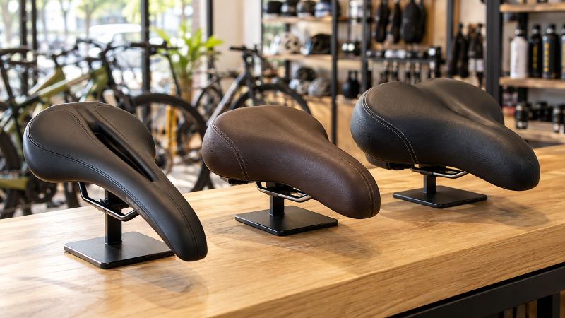 Três modelos de selim de bicicleta, com diferentes formatos e larguras, expostos sobre um balcão.